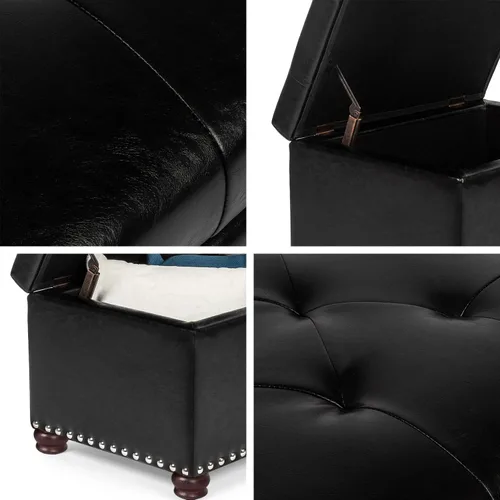 Vista 7 de Otomana de cuero con almacenamiento, 24 pulgadas, reposapiés otomanos con tapa con bisagras, taburetes tapizados rectangulares, con cabeza de clavo