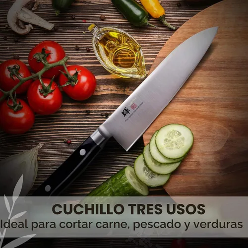 Vista 2 de Cuchillo Santoku japonés básico Kagayaki, 7.0 pulgadas (7.087 in) - Mono-acero VG-1, afilado de acero al carbono con facilidad inoxidable, fabricado