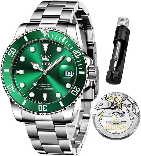 Vista 12 de OLEVS Automatic Watches for Men Mechanical Waterproof Stainless Steel Automático plateado negro