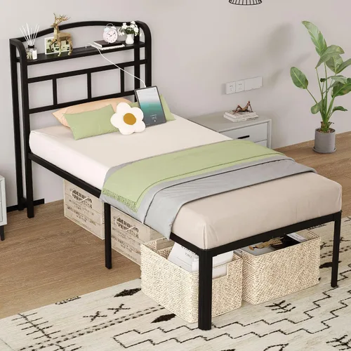 Vista 7 de SHOANED Base de cama de metal de 18 pulgadas, base de colchón básica de plataforma resistente de color negro con cabecera y estación de carga,