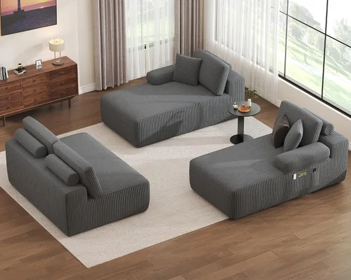 Vista 9 de Sofá Seccional Modular en Forma de U de 126.2'', Sofá Convertible de 4 Asientos, Sofás Sin Huesos para Sala de Estar (Gris) Sofá moderno de pana