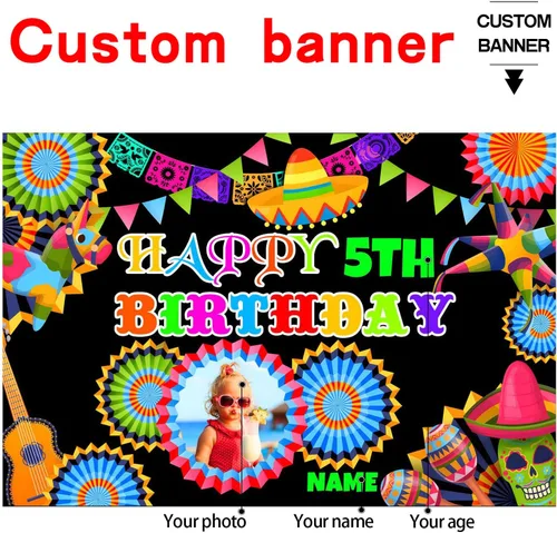 Vista 2 de Decoración personalizada para fiesta mexicana, carnaval, fiesta de feliz cumpleaños, suministros personalizados, fiesta mexicana, carnaval, Estilo-P