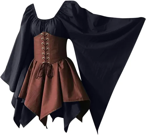 Vista 5 de SHOPESSA Disfraz medieval renacentista para mujer, vestido de corsé pirata, manga acampanada, vestido corto irlandés tradicional