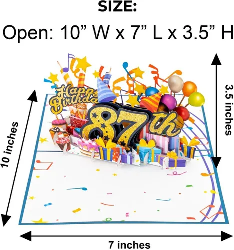 Vista 3 de iGifts And Cards Tarjeta desplegable 3D de feliz cumpleaños 87 – Diseño azul con números de purpurina, globos, pasteles y regalos – Tarjeta
