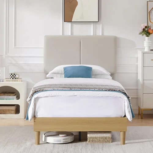 Vista 4 de VECELO Marco de cama tamaño individual tapizado, plataforma con cabecero de algodón y lino ajustable en altura, listones de madera de alta