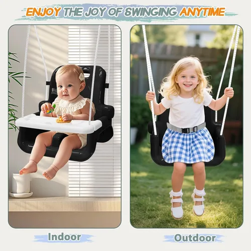 Vista 6 de Columpio mejorado para niños pequeños con bandeja, columpio para bebé al aire libre con diseño desmontable, cinturón de seguridad, marco plegable