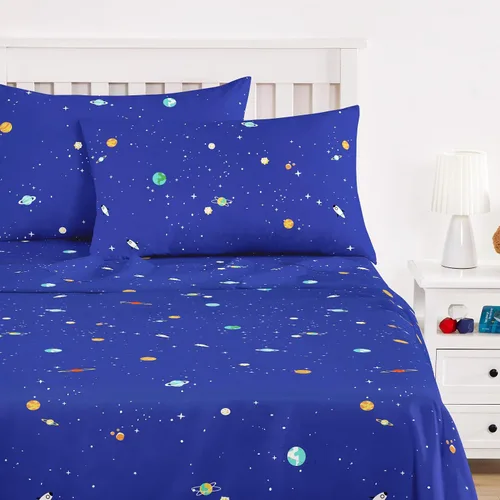 Vista 10 de Wake In Cloud - Sábanas espaciales para niños, 100% algodón, juego de sábanas de 4 piezas para niños, Galaxy Celestial Stars Rockets, Planets, ropa