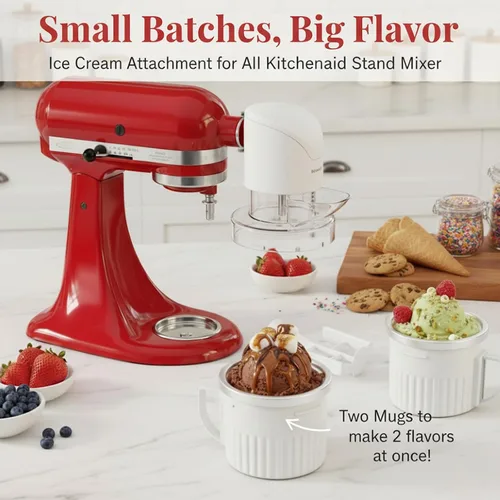 Vista 5 de Accesorio de heladera de dos tazones compatible con todas las batidoras de pie KitchenAid, lote doble de 1/4 cuarto de galón helado casero, gelato