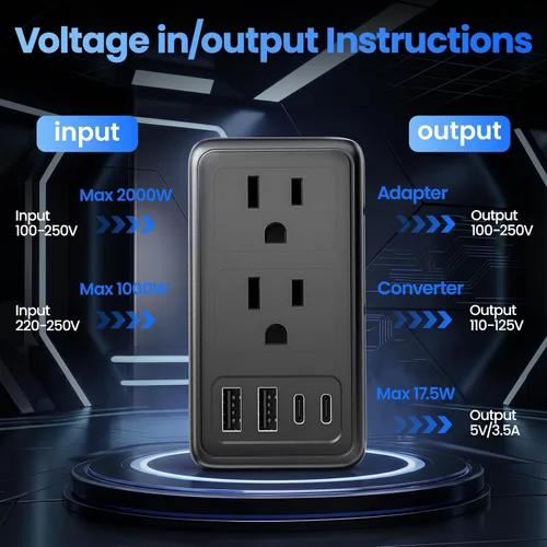 Vista 5 de Convertidor de voltaje de 2000 W, 220 V a 110 V con 2 tomas de CA, 2 puertos USB C y 2 puertos USB A Negro mate (matt black)