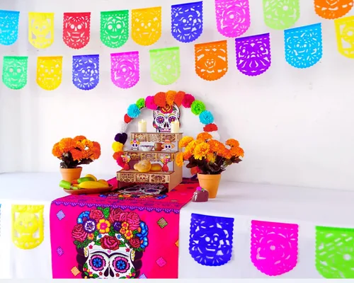 Vista 3 de Papel picado Dia de Los Muertos, Papel para Ofrendas, Altar y Otros Pequeños Espacios 5 Paquetes Tamaño Mini Ovalado Multicolor