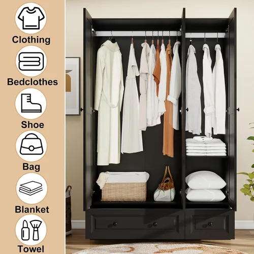 Vista 6 de Armario Armario con cajones: Armario de madera alto negro de 74 pulgadas para colgar ropa, Armarios grandes para dormitorio con 2 cajones, armario