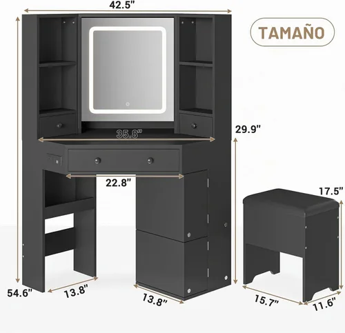 Vista 5 de BTHFST Escritorio esquinero con espejo iluminado, tocador de maquillaje con luces y estación de carga, juego de tocador con espejo y taburete