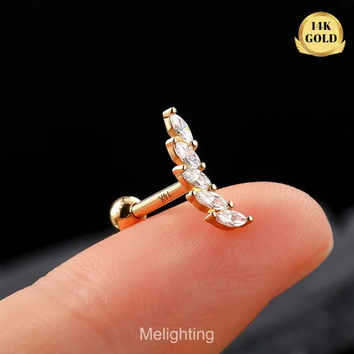 Vista 2 de Melighting Aretes de oro macizo de 14 quilates, 0.56 oz, joyería de piercing Tragus de oro transparente con circonita cúbica curvada para cartílago
