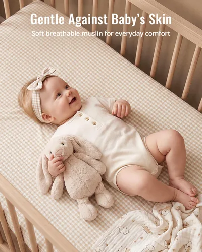 Vista 2 de Blissful Diary Muslin Crib Sheets, 2 Pack, Beige Gingham & Brown Gingham fitted for 52''x28'' crib mattress, soft and breathable cotton, boho
