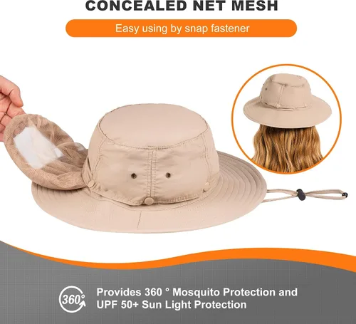 Vista 6 de Mosquito Head Net Hat - Bug Cap UPF 50+ Sun Protection with Hidden Netting for Beekeeping Hiking Women
