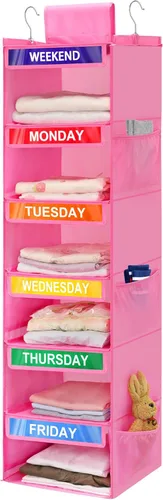 Vista 11 de Organizador semanal de ropa de 6 estantes para niños, organización diaria colgante de armario con 6 bolsillos laterales, divisor de almacenamiento