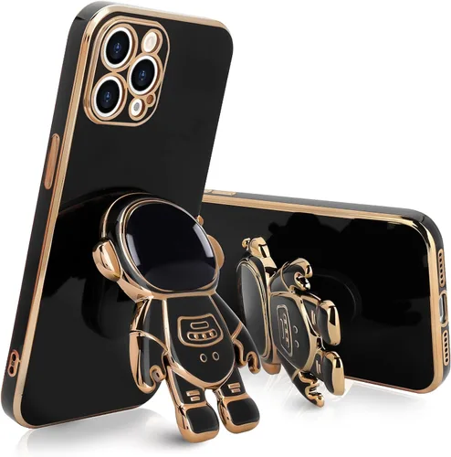 Vista 8 de Pepmune - Funda para iPhone 13 con soporte de astronauta 3D, color negro Luxury Electroplated Soft Silicone Cover with Holder, Lovely 3D Cartoon
