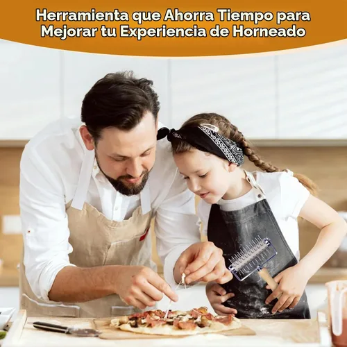 Vista 5 de Docker de pizza de acero inoxidable, Docker de masa de pizza con mango de madera, rodillo de pizza con púas, Docker de rodillo, perforador