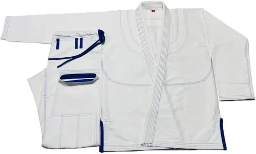 Vista 3 de Blanco Royal Blue Stitch Bjj Gi Jiu Jitsu Kimonos Gi 100% algodón Perl Weave 450GSM
