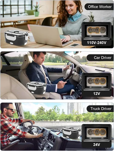Vista 4 de Fiambrera eléctrica de 80 W para adultos, de acero inoxidable de 1.5 L, lonchera calentada portátil de 12 V/24 V/110 V para automóvil, camión, Negro