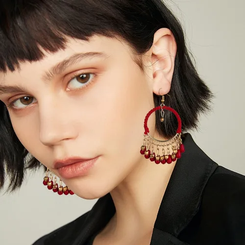 Vista 3 de Pendientes colgantes de gota hechos a mano, creativos, coloridos, bohemios, con cuentas étnicas gitanas, aretes de borla para mujer