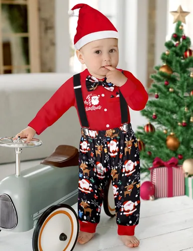 Vista 2 de Conjunto de 3 piezas de traje de Navidad para bebé niño con corbatín y tirantes, pantalones, gorro, conjunto de 3 piezas