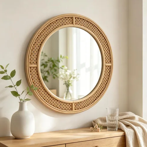 Vista 3 de FLORA Espejo de pared redondo de ratán con marco de madera, espejo Espejo decorativo bohemio moderno para baño, entrada, sala de estar, dormitorio