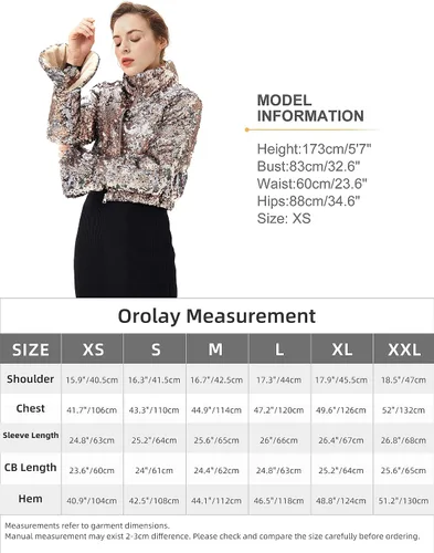 Vista 6 de Orolay Chaqueta pequeña de lentejuelas ultra corta con cuello alto para mujer