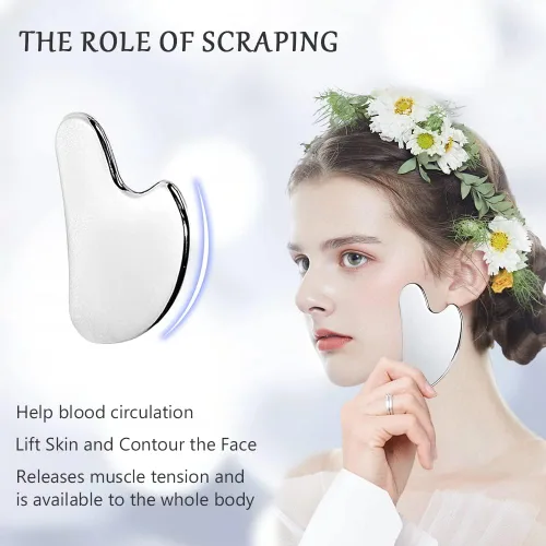 Vista 3 de Gua Sha Juego de herramientas faciales, rodillos faciales de hielo, bolígrafo de acupuntura manual, Gua Sha inoxidable, juego de masaje de acero