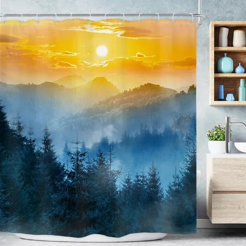 Vista 10 de Riyidecor - Cortina para ducha pequeña de montaña, 36 pulgadas de ancho x 72 pulgadas de alto, para RV, azul marino, con diseño de bosque nebuloso