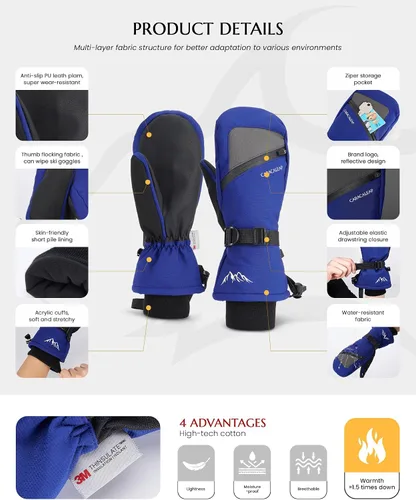 Vista 2 de Caracaleap Guantes de esquí de invierno para hombres y mujeres para clima frío, guantes de snowboard cálidos, guantes impermeables para deportes