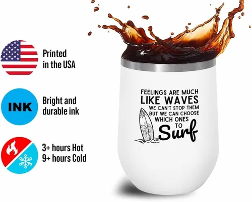 Vista 3 de Surfing White Edition Wine Tumbler 12oz - Feelings like waves - Surfing Enthusiast Gifts Water Sport Surfboard Athletics Hobby Beach Sea Windsurf