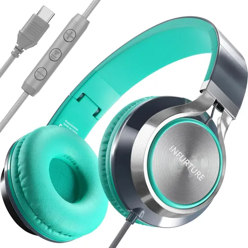 Vista 17 de INFURTURE - Auriculares USB C con micrófono, control de volumen, cable sin enredos, auriculares tipo C con cable, plegables y ligeros para iPhone