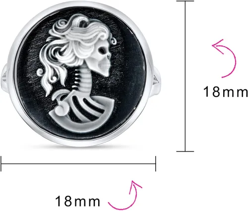 Vista 4 de Vintage Antique Hip Cool Negro Blanco Bisel Redondo Femenino Lolita Skelton Cameo Anillo Para Adolescentes Mujeres Biker Joyería Punk Rock .925