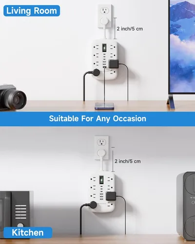 Vista 7 de Cable de extensión corto de 2 pulgadas, regleta pequeña extensor de toma plana protector contra sobretensiones con 8 salidas de CA, 6 USB