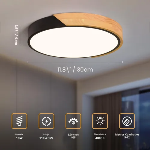 Vista 3 de Lámpara de techo LED moderna, lámpara de techo minimalista de madera empotrada, 4000 K no regulable, lámpara de iluminación circular con pantalla
