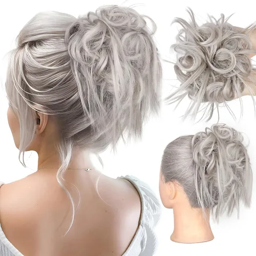 Vista 52 de HMD - Extensiones de cabello tipo chongo alborotado con rodelo despeinado, banda elástica de goma, extensiones de cabello sintético para mujer