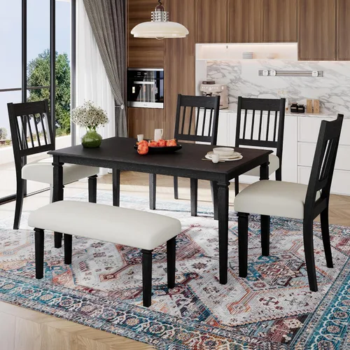 Vista 12 de Juego de mesa de comedor vintage de 6 piezas, juego de mesa de comedor de cocina de madera maciza con 4 sillas ergonómicas acolchadas y banco, mesa