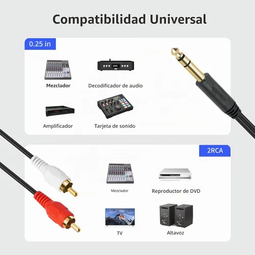 Vista 5 de Conector estéreo TRS macho chapado en oro de 0.250 in 1/4 pulgadas a 2 RCA Phono macho Audio Y Splitter Cable, conector de cable (4.9 ft)