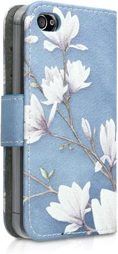 Vista 3 de kwmobile Funda tipo cartera compatible con Apple iPhone 4 y 4S, magnolias gris topo, blanco, azul y gris