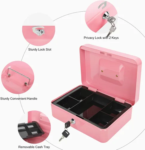 Vista 8 de Caja de dinero grande con cerradura con bandeja extraíble para monedas, caja de dinero de metal segura portátil con cerradura de llave, organizador