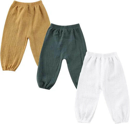 Vista 37 de Paquete de 3 pantalones de algodón y lino para bebés, niños y niñas, color liso, ropa básica para bebés