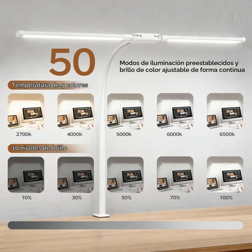 Vista 6 de Lámpara de escritorio LED con abrazadera, luz de arquitecto ajustable de doble cabeza, lámpara de escritorio para monitor de cuidado de los ojos