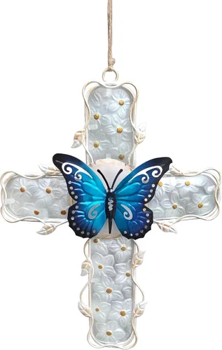 Vista 7 de COOZZYHOUR Decoración de pared de metal con cruz de metal y cristal, flor de hortensia azul, decoración para exteriores, interiores, hogar, jardín