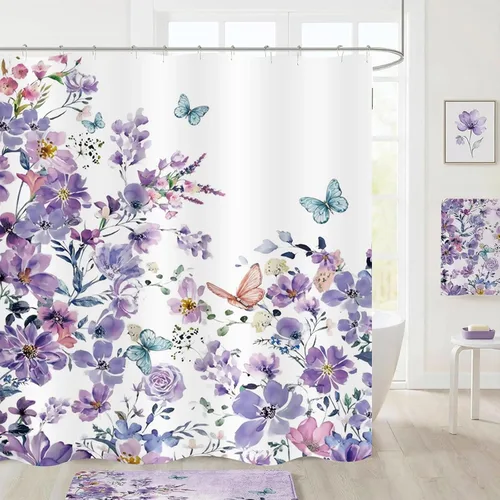 Vista 12 de Cortina de ducha floral de primavera, cortinas de ducha de plantas de flores silvestres para baño, cortina de baño de tela de poliéster impermeable