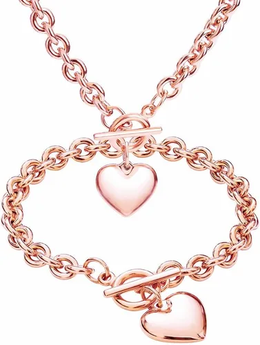 Vista 8 de Juego de collar de plata chapada en oro rosa de 18 quilates, cadena gruesa de acero inoxidable, gargantilla de corazón para mujer, juego de joyería