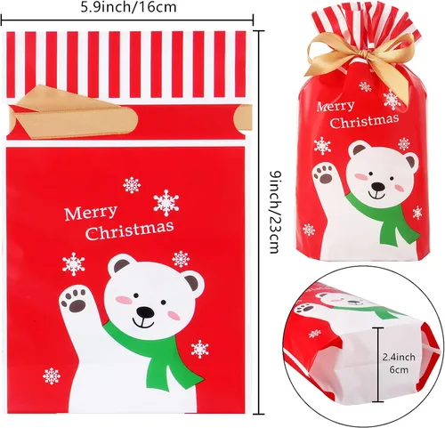 Vista 2 de Heniho 60 bolsas de golosinas de Navidad, 4 x 6 pulgadas con cordón, bolsas de galletas para dulces, regalos de fiesta