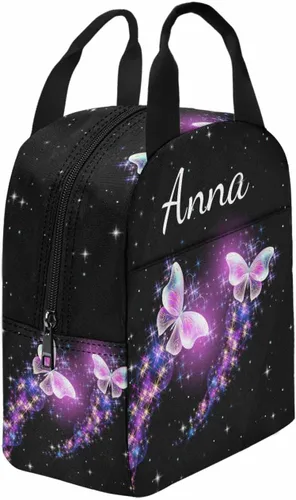 Vista 3 de InterestPrint Bolsa de almuerzo con nombre personalizado para hombres y mujeres, diseño de mariposa rosa y azul personalizada, caja de almuerzo