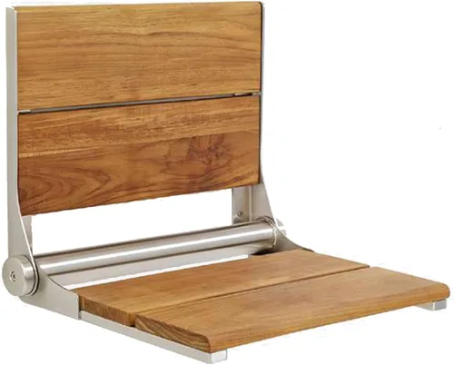 Vista 18 de Asiento de ducha plegable montado en la pared con respaldo Capacidad de carga máxima de 500 libras Asiento de ducha de teca compatible con ADA