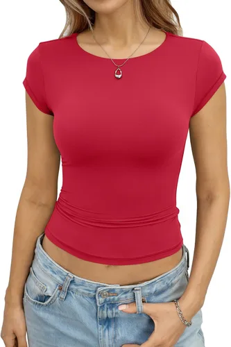Vista 9 de EasyGala Camisetas de manga casquillo recortadas con doble forro para mujer, cuello redondo, camisetas ajustadas para salir, ropa de verano Y2K 2026